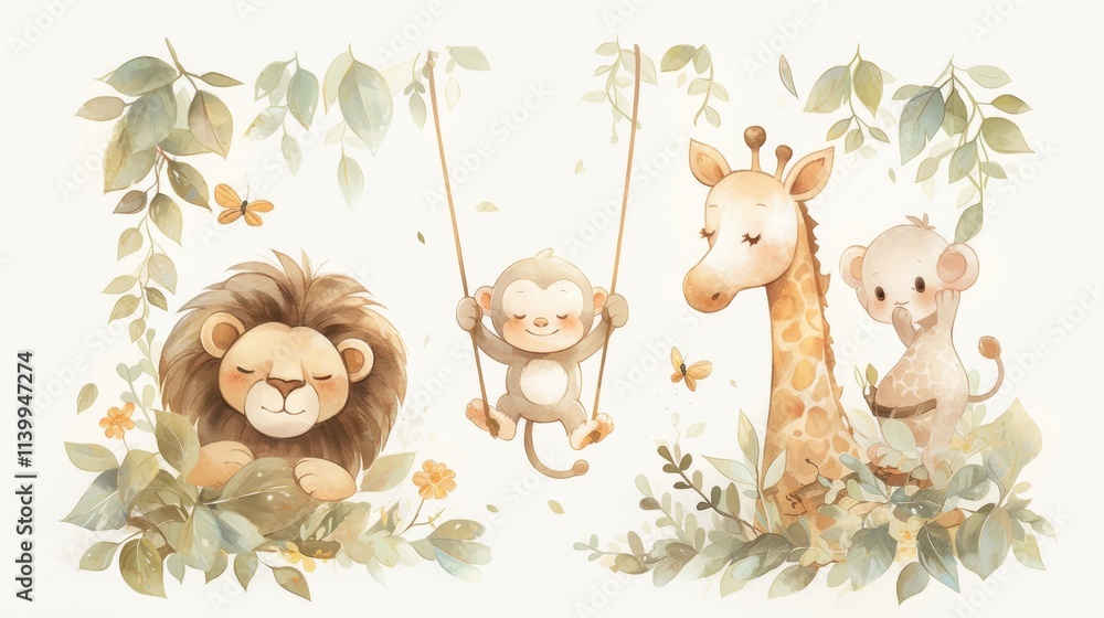 Obraz premium A playful illustration of a lion, monkey, giraffe, and cub in a leafy setting.