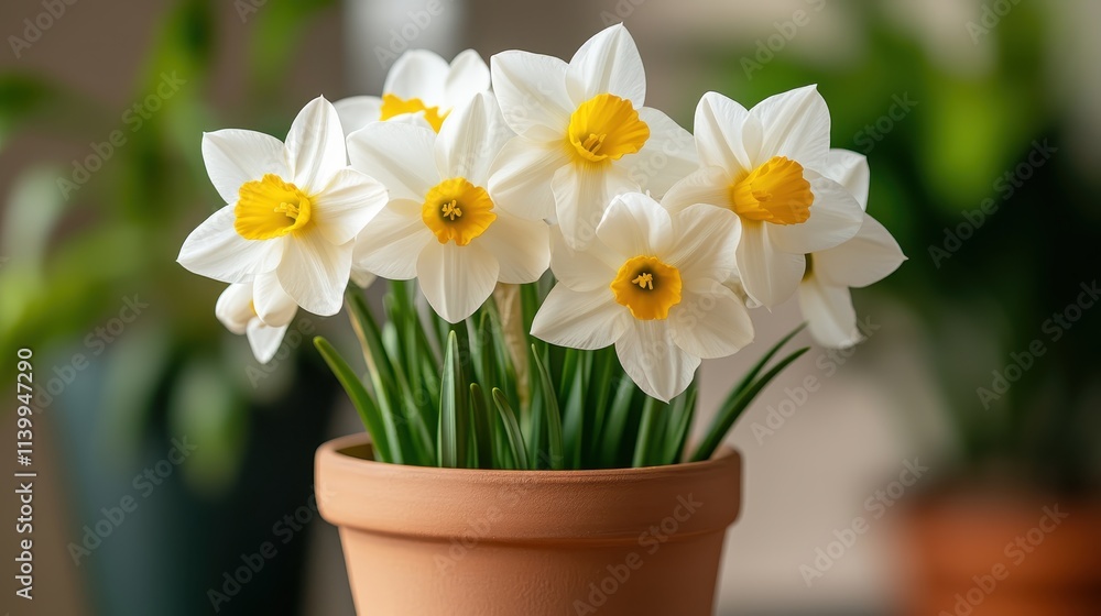 A bunch of charming white narcissus flowers in a terracotta pot, surrounded by blurred greenery, bringing a touch of spring indoors with gentle natural beauty. A bunch of charming white narcissus flowers in a terracotta pot, surrounded by blurred greenery, bringing a touch of spring indoors with gentle natural beauty.