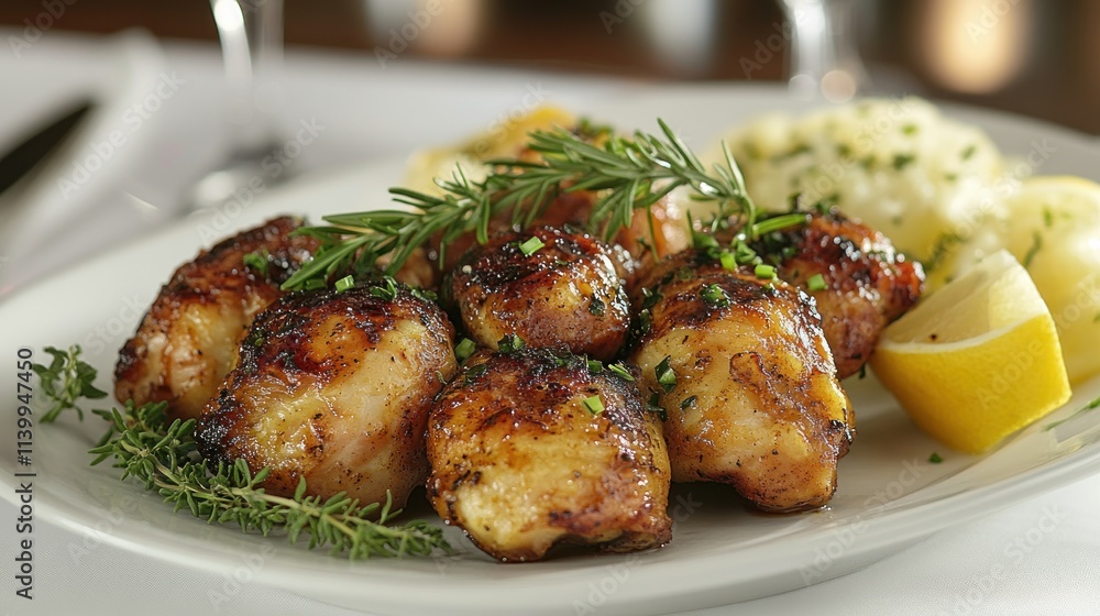 Roasted chicken with mashed potatoes and lemon. Roasted chicken with mashed potatoes and lemon.