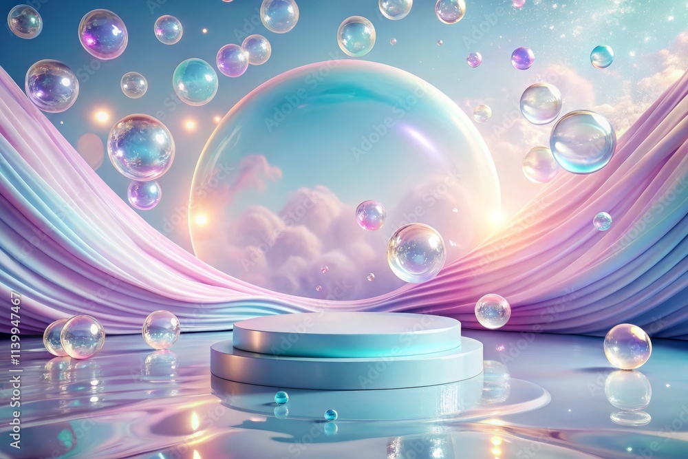 Fototapeta premium 3D Sparkling Pastel Wave Podium: Dreamy Luxurious Product Promotion Background Mockup