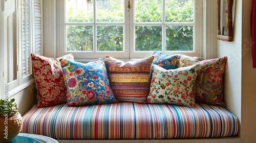 A window seat with cushions in a mix of striped and floral fabrics in coordinated colors photo