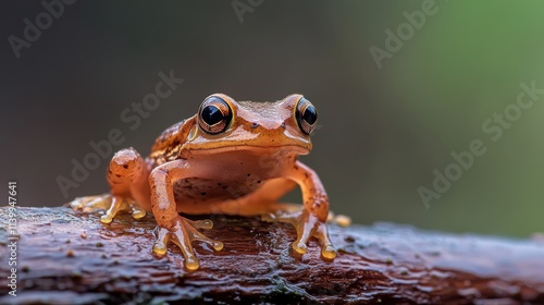 Captured on a humid day, an orange frog is resting on a branch with wet, textured bark, illustrating its blending into natural surroundings. photo