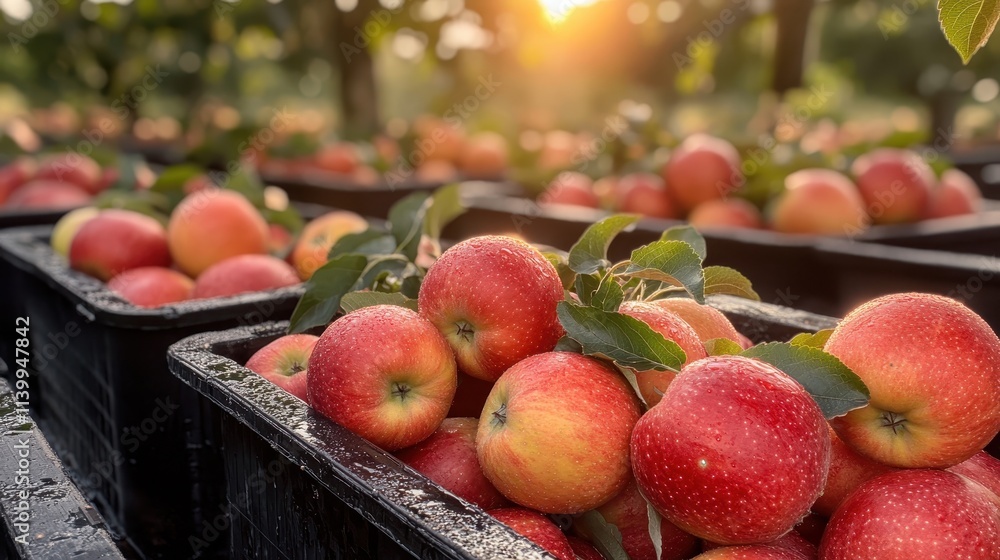The image showcases fresh, red apples with morning dew, nestled in crates within an idyllic orchard setting as the sun casts a warm glow, symbolizing abundance and nature's bounty. The image showcases fresh, red apples with morning dew, nestled in crates within an idyllic orchard setting as the sun casts a warm glow, symbolizing abundance and nature's bounty.