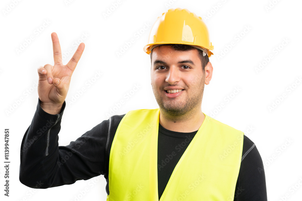 Cheerful constructor making peace or victory sign with fingers Cheerful constructor making peace or victory sign with fingers