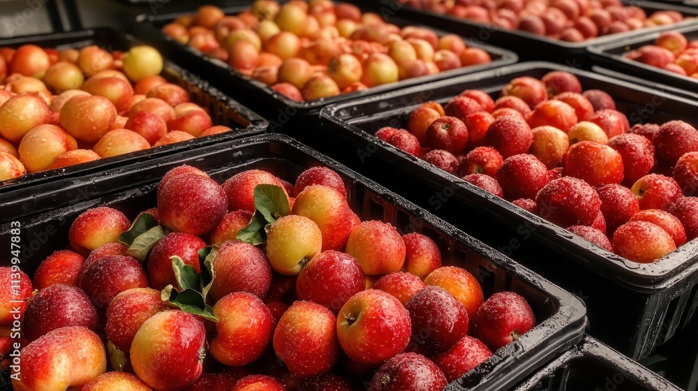 Multiple crates filled with vibrant red apples are stacked neatly, displaying a bountiful harvest, ready to be enjoyed or sold at the local market. Multiple crates filled with vibrant red apples are stacked neatly, displaying a bountiful harvest, ready to be enjoyed or sold at the local market.