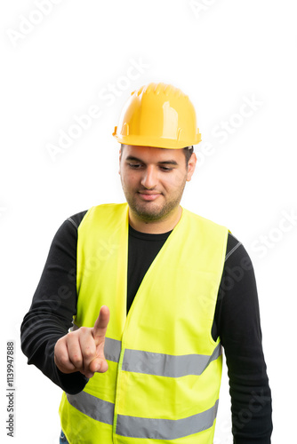 Builder wearing helmet touching display copyspace with finger