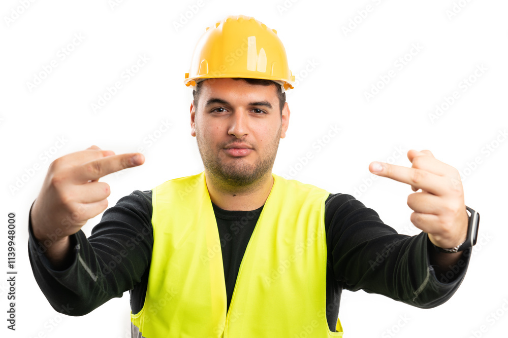 Constructor making offensive gesture showing two middle fingers Constructor making offensive gesture showing two middle fingers