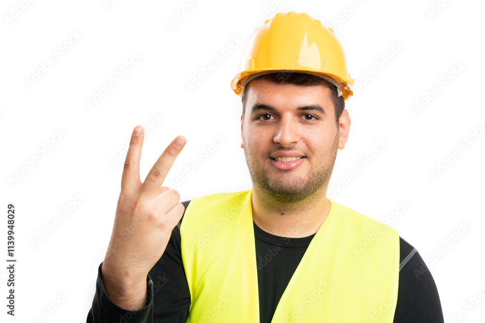 Builder man showing number two using fingers counting concept Builder man showing number two using fingers counting concept