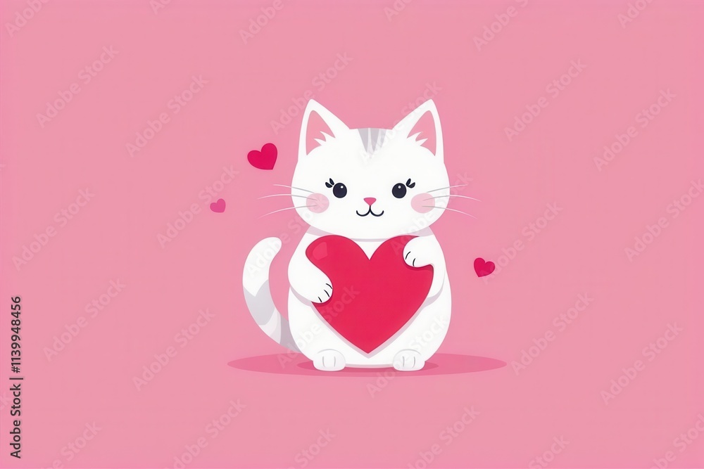 cute white kitty with a red heart on a pink background. valentine for valentine's day cute white kitty with a red heart on a pink background. valentine for valentine's day