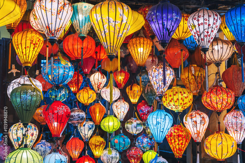 Decorative lanterns and light in the Night Market of Hoi An, Vietnam photo