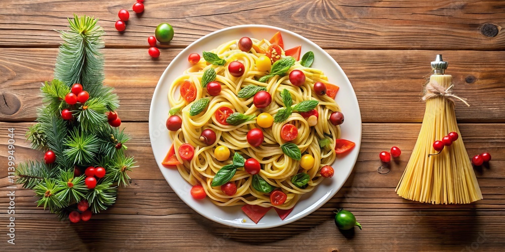 Christmas Pasta Tree: Bird's Eye View Festive Food Photography Christmas Pasta Tree: Bird's Eye View Festive Food Photography