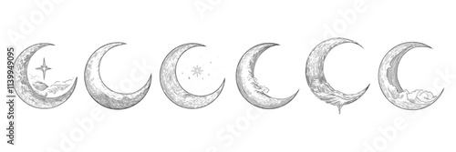 Vector illustration set of moon phases. Different stages of moonlight activity in vintage engraving style. Zodiac Signs	
