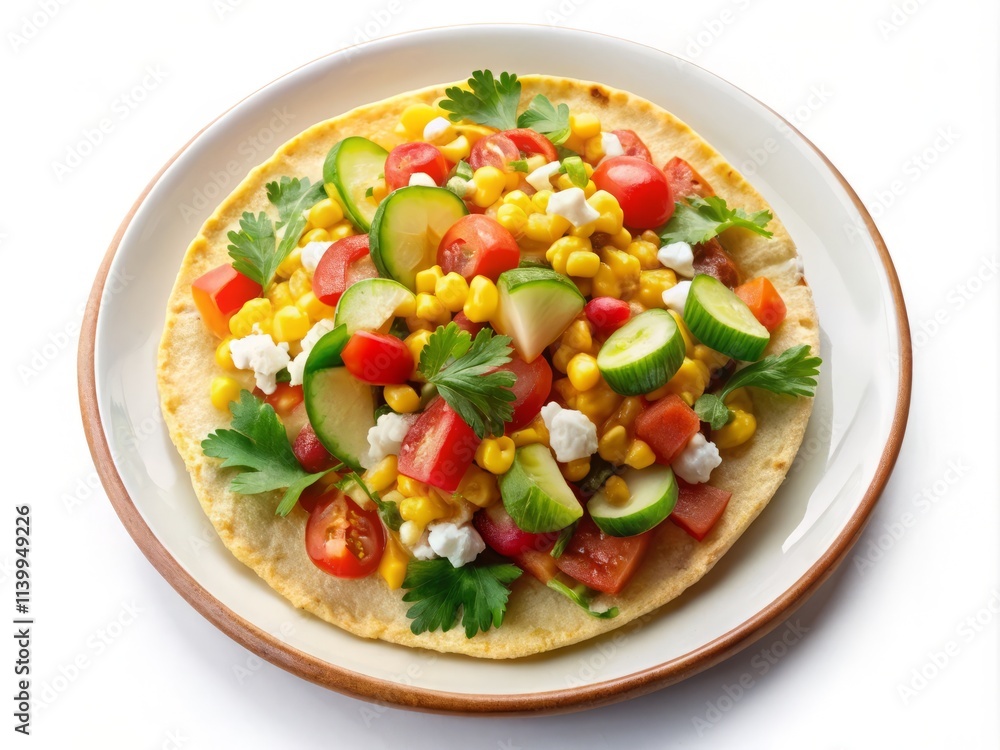 Close-Up Top View of Delicious Mexican Corn Tostada - Isolated Dish Close-Up Top View of Delicious Mexican Corn Tostada - Isolated Dish