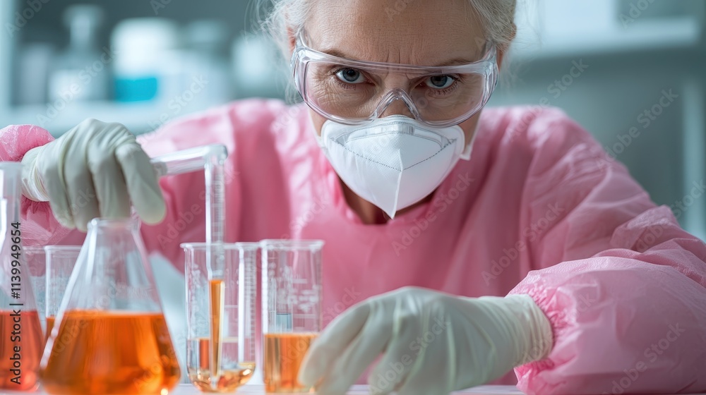 A researcher in a lab coat and safety glasses carefully examines chemical samples in beakers, exuding focus and dedication in a sterile, cutting-edge environment. A researcher in a lab coat and safety glasses carefully examines chemical samples in beakers, exuding focus and dedication in a sterile, cutting-edge environment.