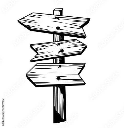 Wooden signpost with arrows pointing in different directions. Blank pointers on road, vector illustration