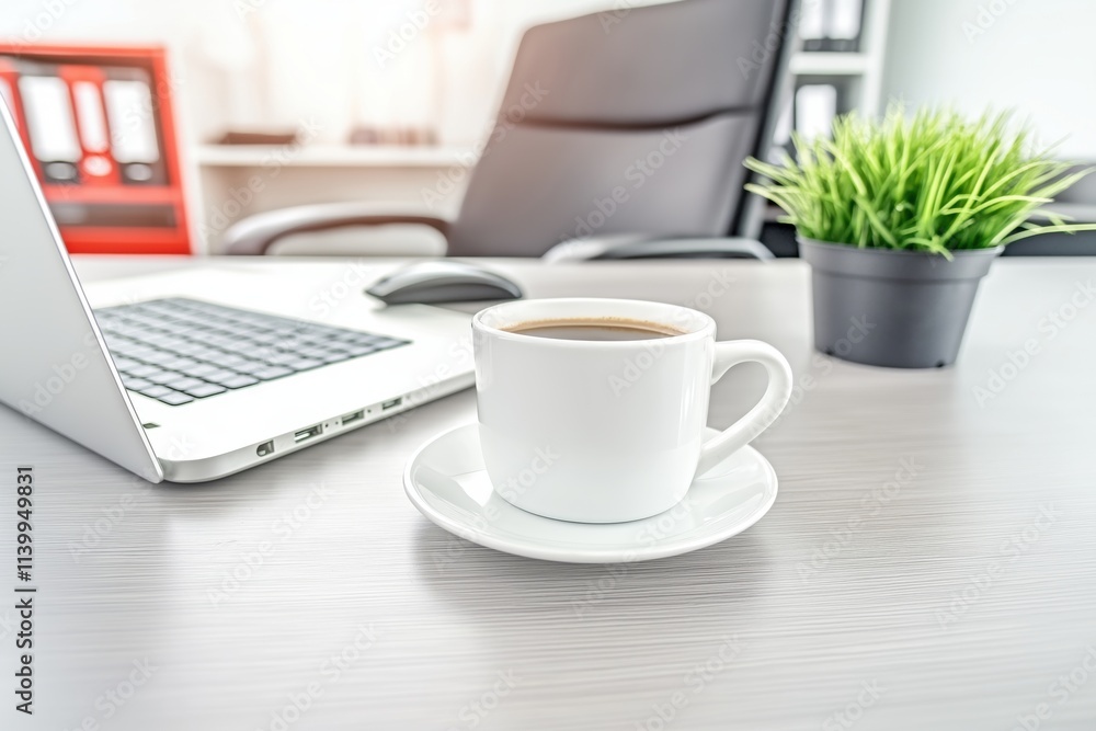 Minimalist eco-friendly office setup with a young professional working on a laptop while enjoying coffee and surrounded by greenery Minimalist eco-friendly office setup with a young professional working on a laptop while enjoying coffee and surrounded by greenery