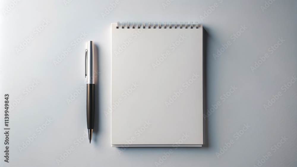 Elegant Notebook Mockup: White Paper, Pen, Presentation Design Template, Eye-Level Shot Elegant Notebook Mockup: White Paper, Pen, Presentation Design Template, Eye-Level Shot