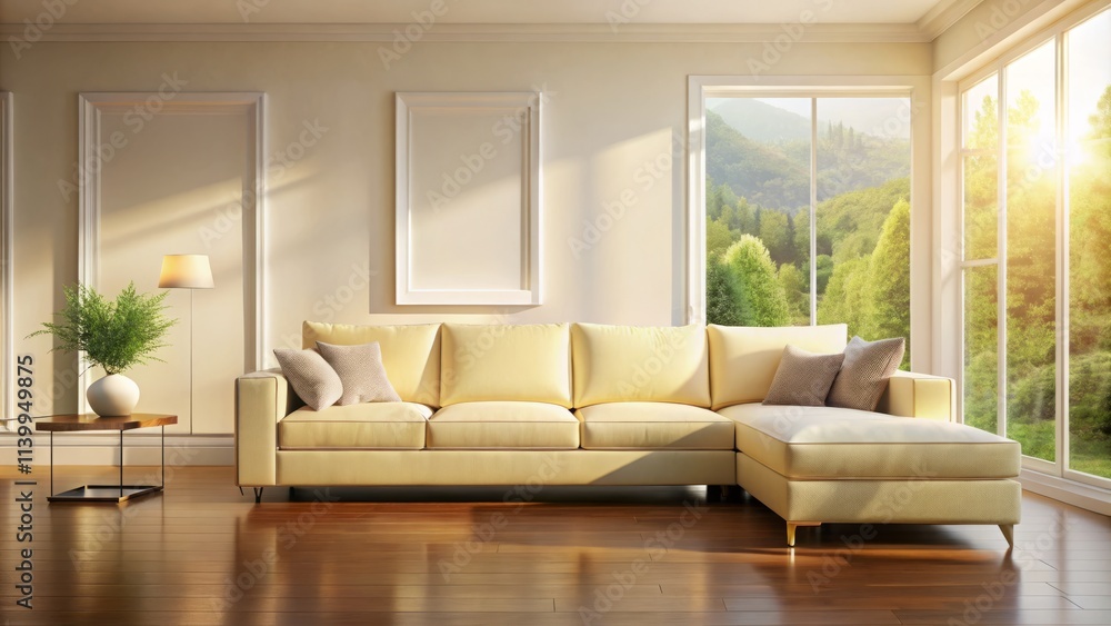 Fototapeta premium Elegant Cream Sectional Sofa Mockup: Silhouette Photography in Spacious Room
