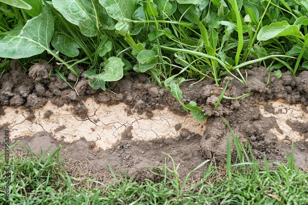 Close-up view of cracked, polluted soil with dried plants and hints of green growth showcasing environmental degradation and resilience in nature Close-up view of cracked, polluted soil with dried plants and hints of green growth showcasing environmental degradation and resilience in nature