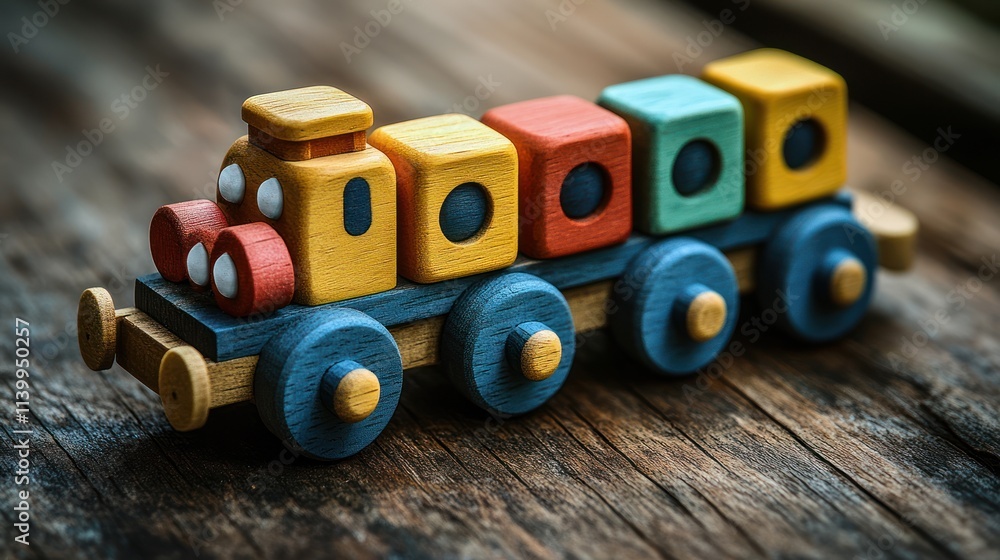 Fototapeta premium Colorful wooden toy train on rustic table.