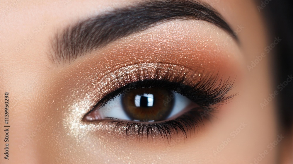 Fototapeta premium Close-up of an eye with eyelash extensions and a subtle smokey eye makeup, emphasizing depth and elegance.