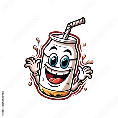 Design a cheerful retro-style milk bottle character, smiling broadly, with a straw;  depicting happy, friendly nostalgia.