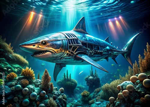 Futuristic Mechanical Shark: Underwater High-Tech Predator - Sci-Fi Marine Life Concept Art photo