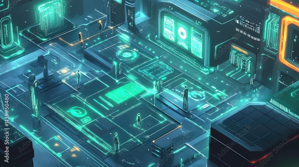 Fototapeta premium Futuristic Cityscape With Glowing Neon Pathways And Figures