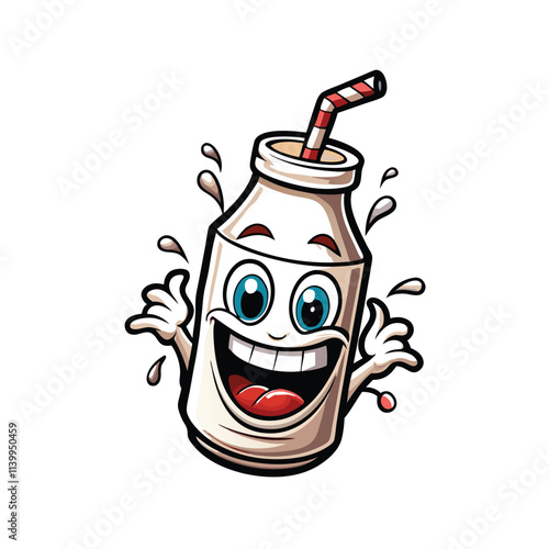 Create a cheerful retro-style illustration of a smiling milk bottle character wearing a straw hat,  exuding a happy, nostalgic vibe.