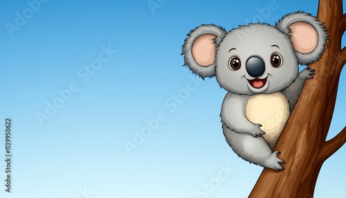 Happy koala bear climbing a tree against a blue sky. photo