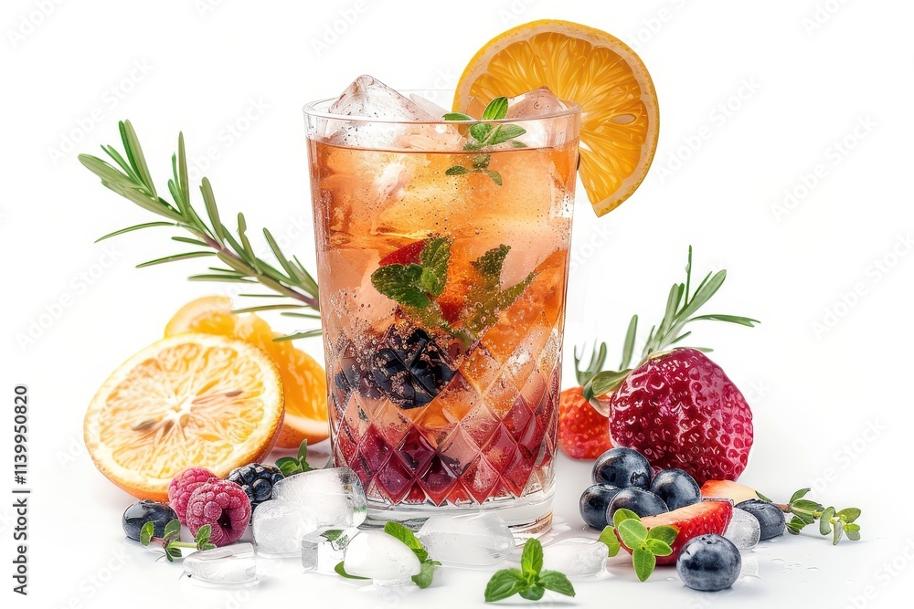 Refreshing cocktail with ice, fruits, and herbs for a vibrant drink experience. Refreshing cocktail with ice, fruits, and herbs for a vibrant drink experience.
