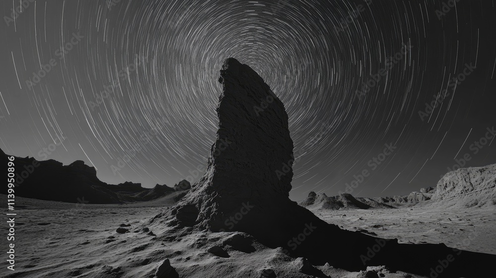 Fototapeta premium Star Trails Over a Lone Rock Formation in a Desolate Landscape