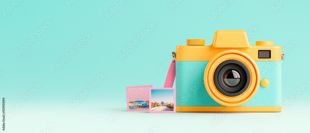Obraz premium vibrant camera with colorful accents, accompanied by photos, evokes nostalgia and creativity