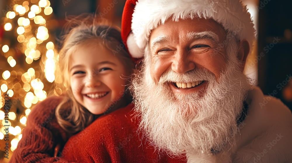 Santa Claus and a little girl sitting on a festive sofa, both smiling warmly in a cozy living room with a glowing Christmas tree and holiday decorations in the background 2026 - 2027. Santa Claus and a little girl sitting on a festive sofa, both smiling warmly in a cozy living room with a glowing Christmas tree and holiday decorations in the background 2026 - 2027.