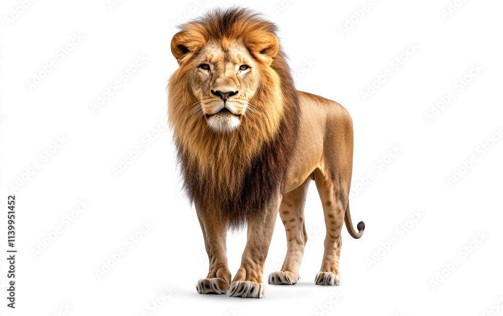 Obraz premium A proud adult lion standing tall with a flowing stylized mane, detailed fur, and a confident cartoonish look on a bright white background
