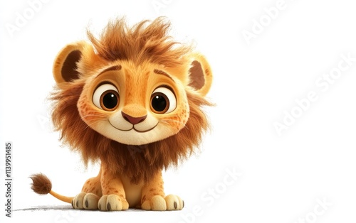 A cute cartoon lion sitting with a playful pose, large eyes, and a fluffy, stylized mane on a bright white background