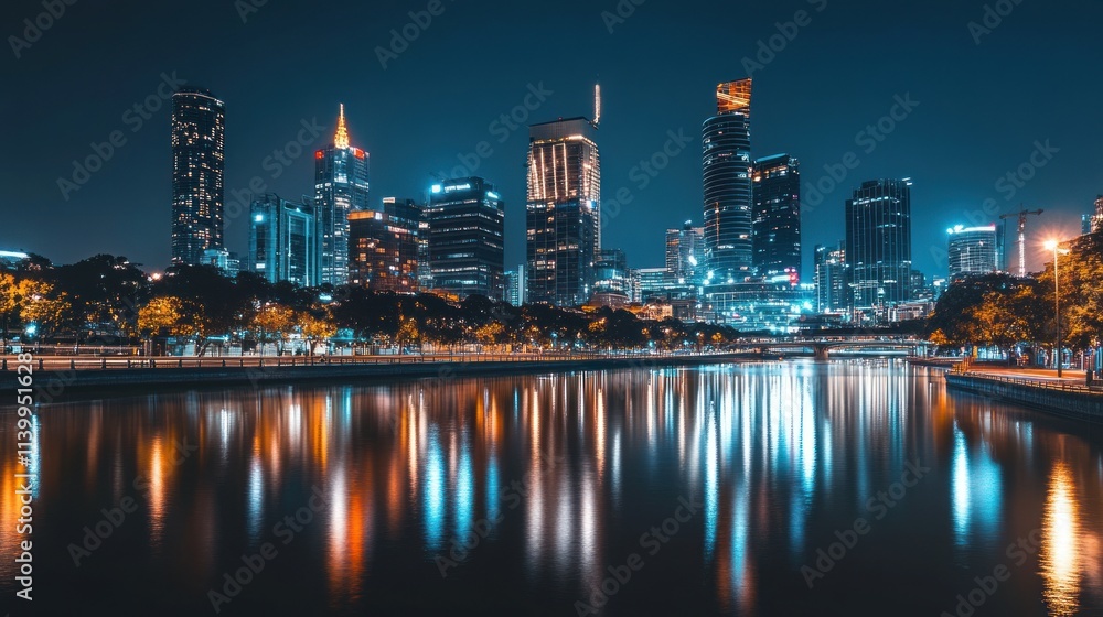Fototapeta premium Night cityscape reflection on tranquil waters, illuminated skyscrapers