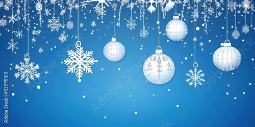 Stylish Christmas background with hanging snowflakes and ornaments on a blue background. 