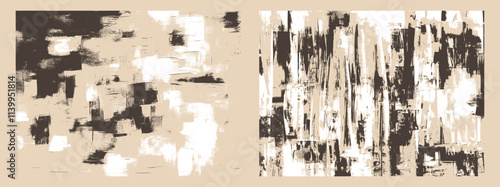 Backgrounds with bold black and cream contrasts, featuring dynamic strokes and textured edges, evoking a rhythmic composition inspired by intensity and balance