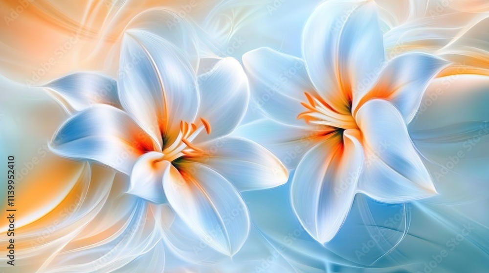 Abstract art background with two lilies in light blue and orange colors Abstract art background with two lilies in light blue and orange colors