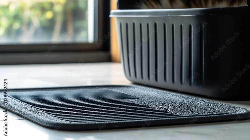 Close-up of a litter mat with grooves, placed in front of an open litter box to trap loose litter. Close-up of a litter mat with grooves, placed in front of an open litter box to trap loose litter.