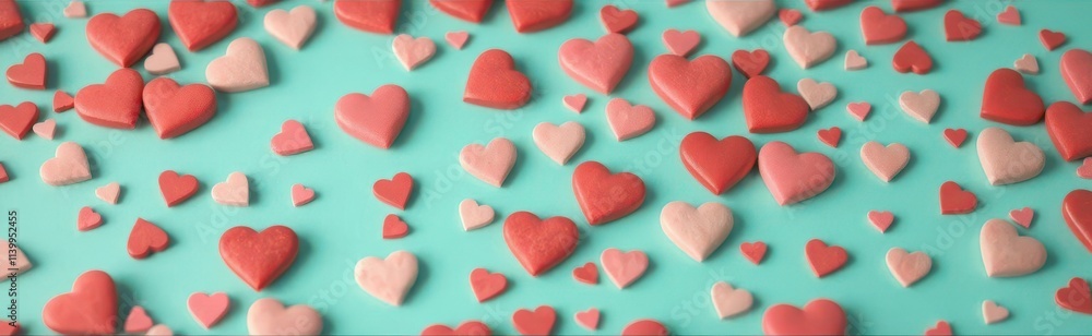 Scattered conversation hearts on turquoise background, close-up view, celebration,sweetness,still life Scattered conversation hearts on turquoise background, close-up view, celebration,sweetness,still life