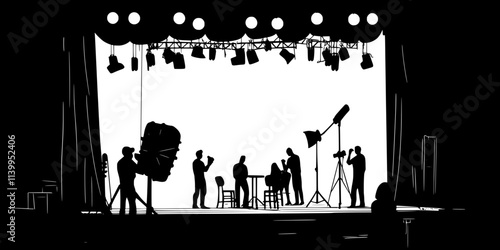 A backstage scene with puppeteers preparing their puppets before a performance, Vector Graphic