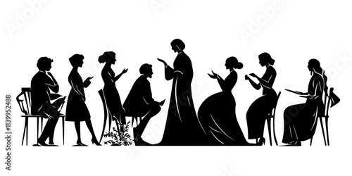 Cast participating in a discussion about the themes of a Shakespearean work, Vector Graphic