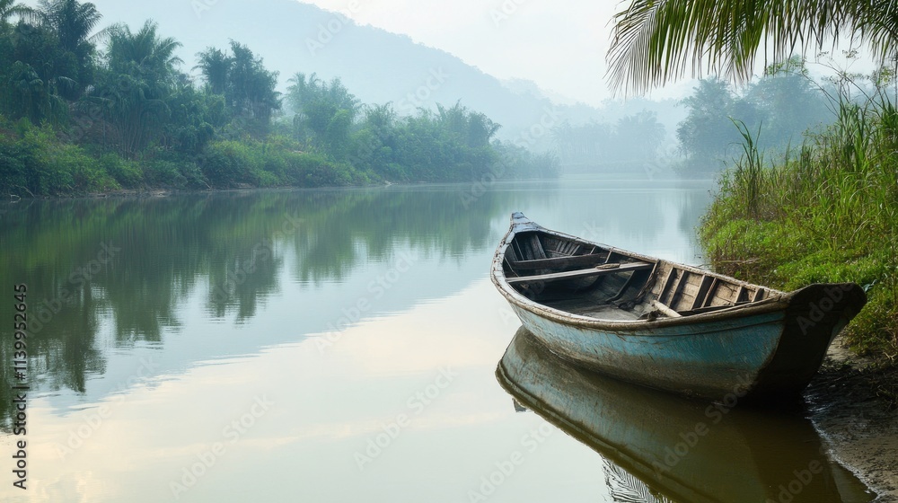 Obraz premium Tranquil River Scene With A Weathered Wooden Boat