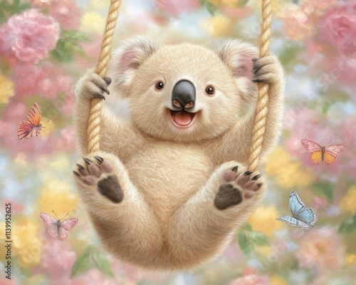 Happy koala joey swinging amidst colorful flowers and butterflies. photo