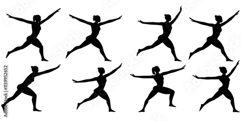 Class performing warrior two pose, arms extended outward in flow, Vector Graphic