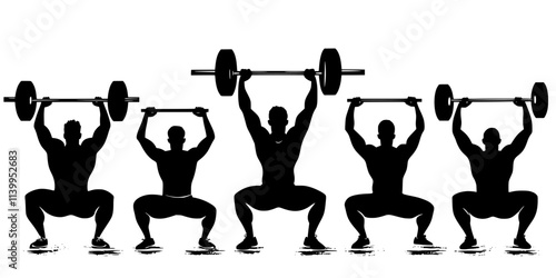 Class practicing overhead squats, holding a barbell with arms extended overhead, Vector Graphic