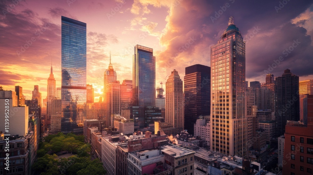 Obraz premium Manhattan Skyline Sunset: A Golden Hour Panorama