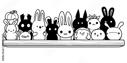 Collection of plush toys displayed on a wooden shelf in a room, Vector Graphic